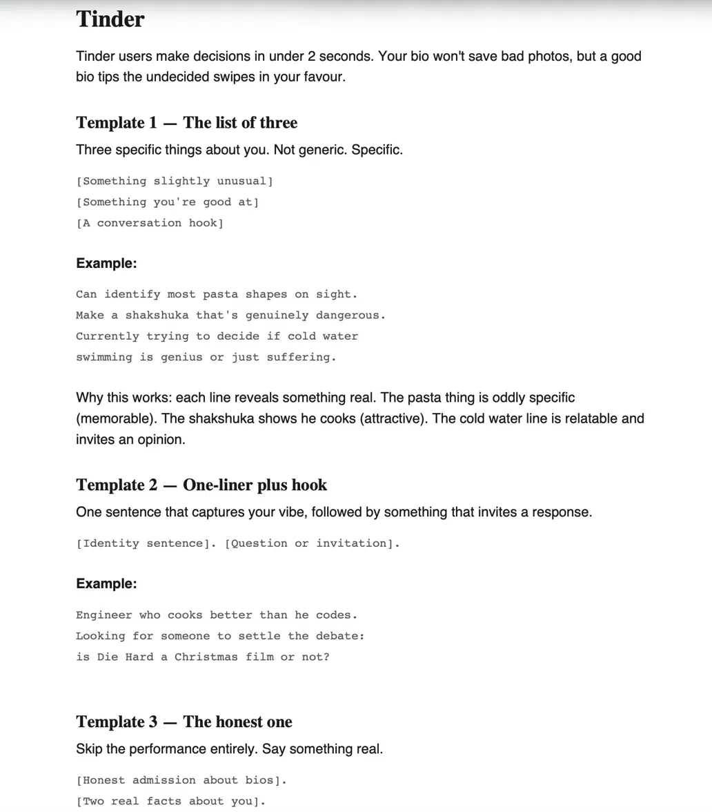 Bio templates for Tinder, Bumble, and Hinge